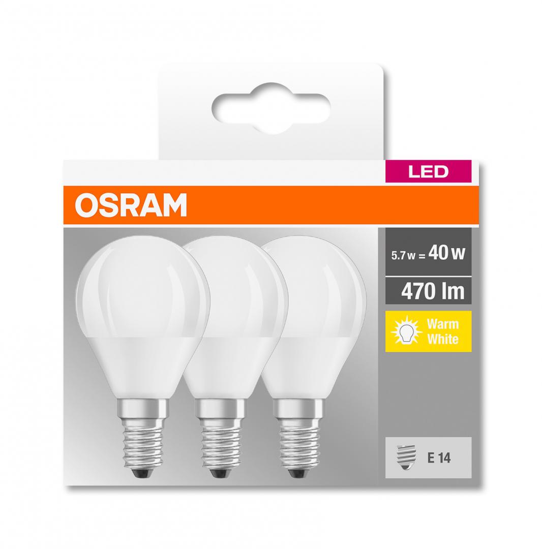 SET 3 becuri LED Osram, soclu E14, putere 5.7W, forma clasic, lumina alb calda, alimentare 220 - 240 V, "000004058075090507"