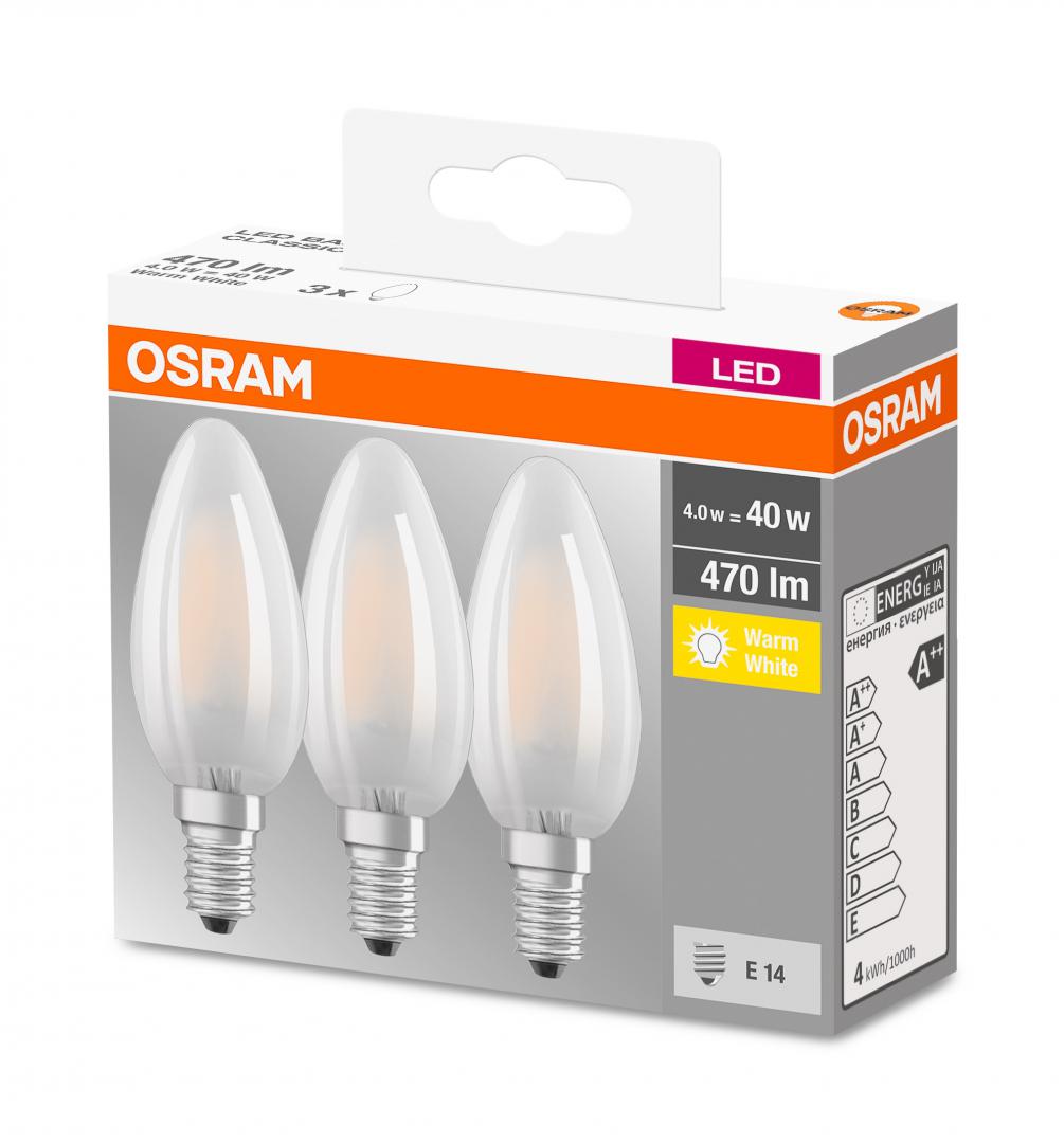 SET 3 becuri LED Osram, soclu E14, putere 4.5W, forma lumanare, lumina alb calda, alimentare 220 - 240 V, "000004058075819375"