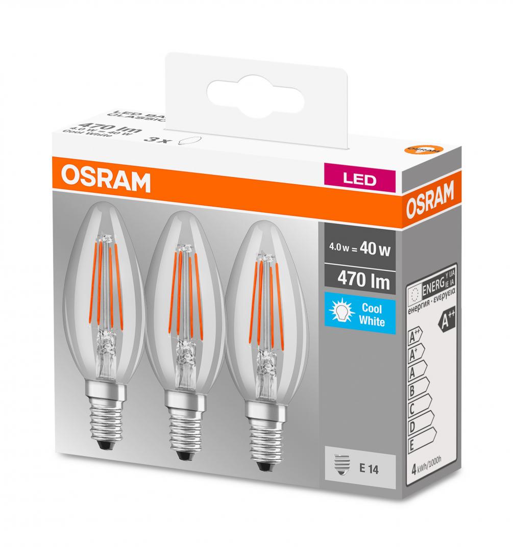 SET 3 becuri LED Osram, soclu E14, putere 4W, forma lumanare, lumina alb, alimentare 220 - 240 V, "000004058075819719"