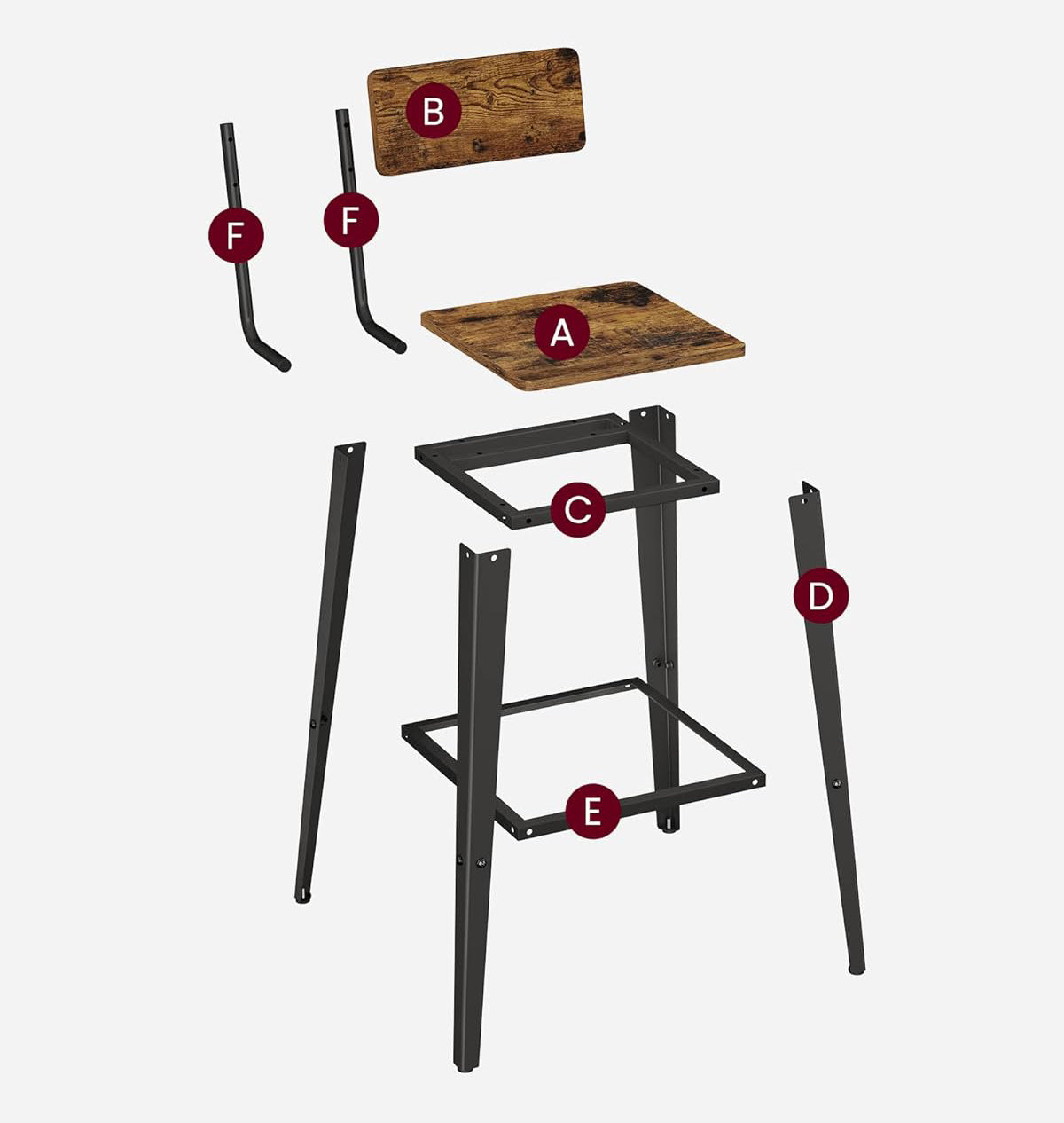 VASAGLE Set 2 scaune de bar, inalte cu spatar, industrial, 45x45x102cm, maro rustic si negru