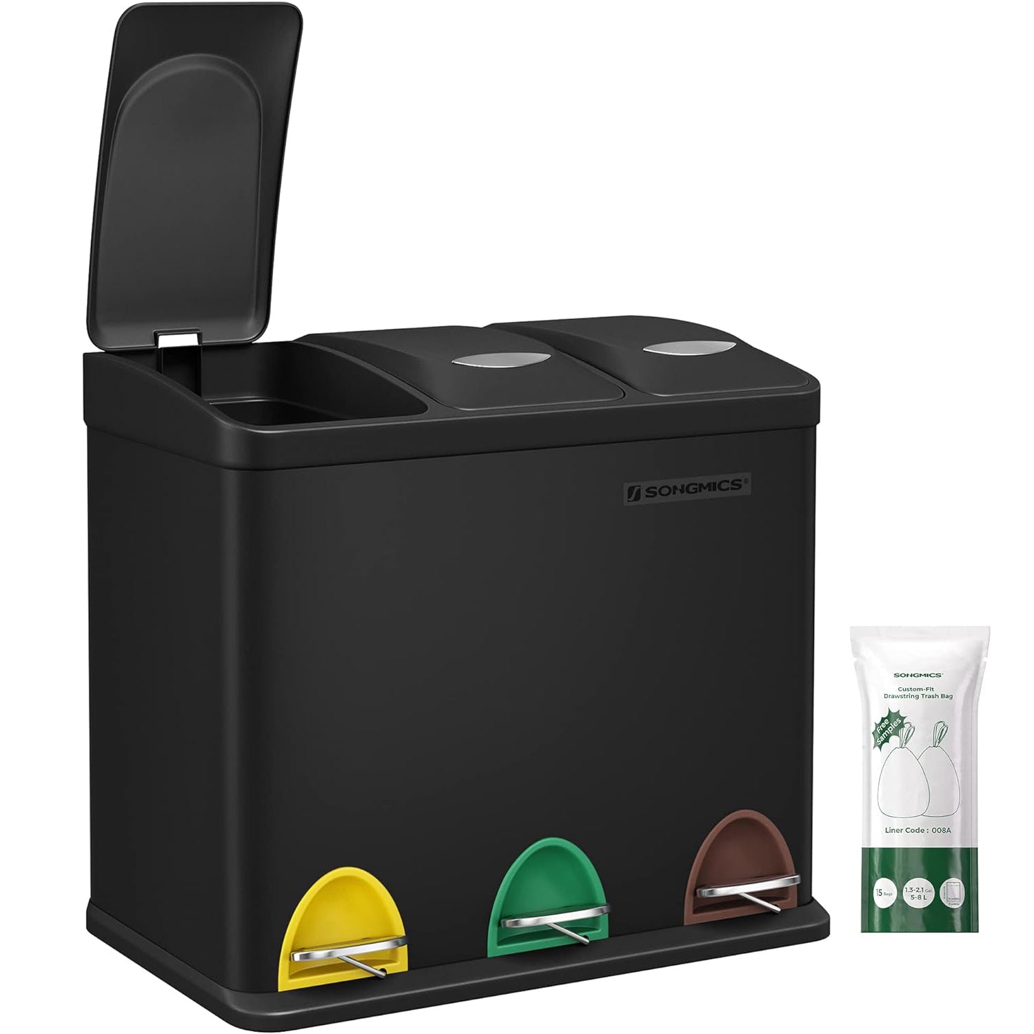 SONGMICS Cos de gunoi din otel cu 3 compartimente colectare selectiva, cu galeti interioare, 3x8litri, negru mat