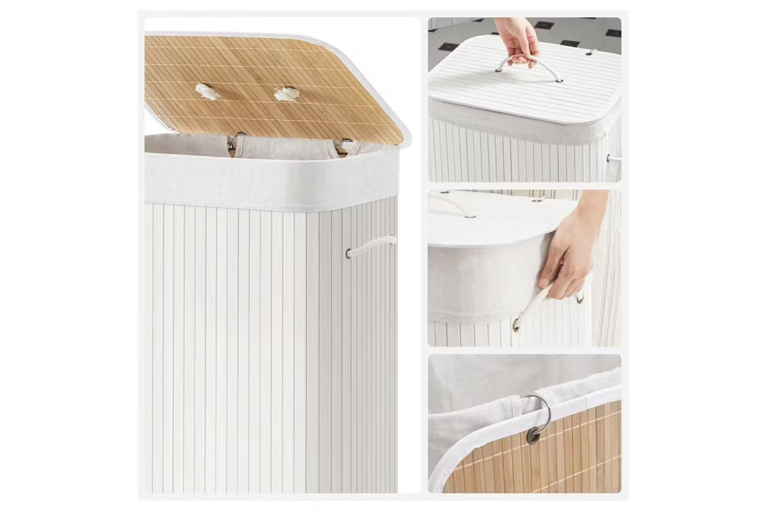 SONGMICS Cos de rufe din bambus, pliabil, cu captuseala detasabila lavabila, 72L, 40x30x60cm, alb