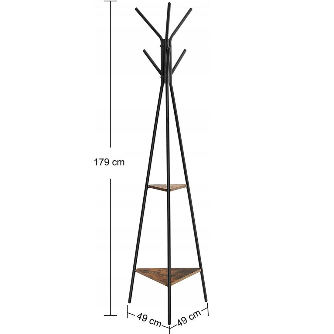 VASAGLE Cuier metalic, cu 2 rafturi MDF, inaltime 179cm, stil industrial, maro rustic si negru