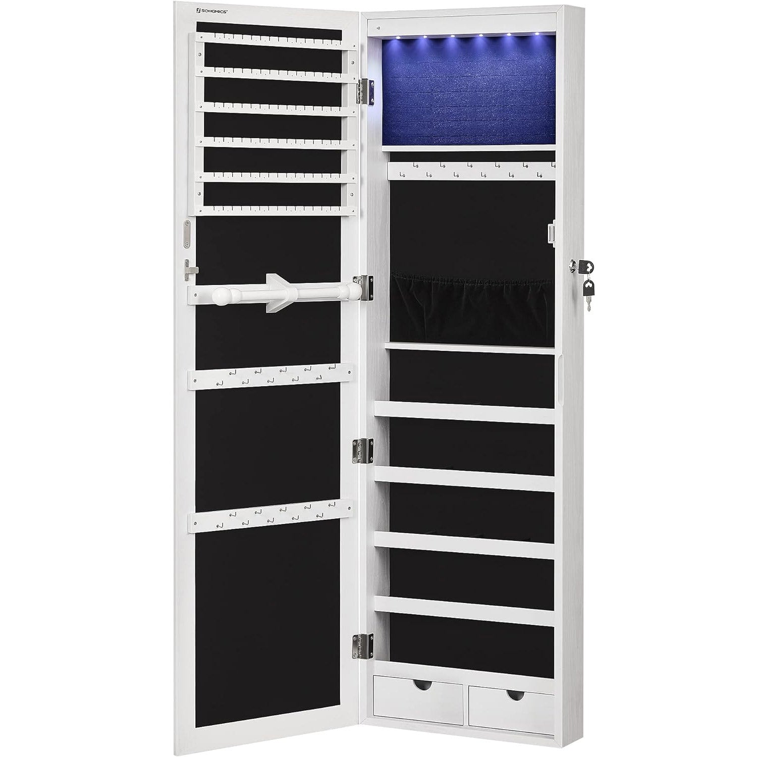SONGMICS Dulap de bijuterii cu oglinda, montare pe perete, incuietoare, 37x10x120cm, alb