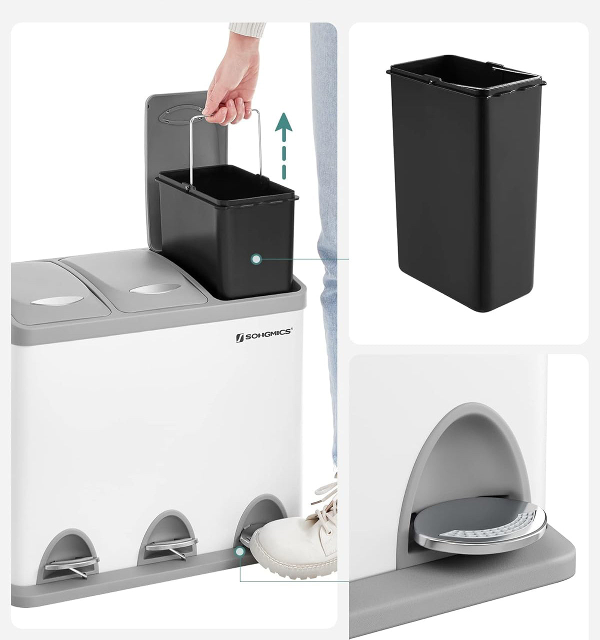 SONGMICS Cos de gunoi din otel cu 3 compartimente colectare selectiva, cu galeti interioare, 3x8litri, alb si gri