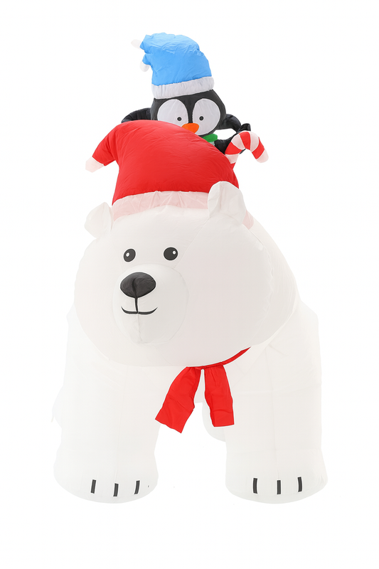 Urs polar gonflabil de exterior, iluminare LED, cu doi pinguini, compresor integrat, 200x120x80 cm, alb - 2