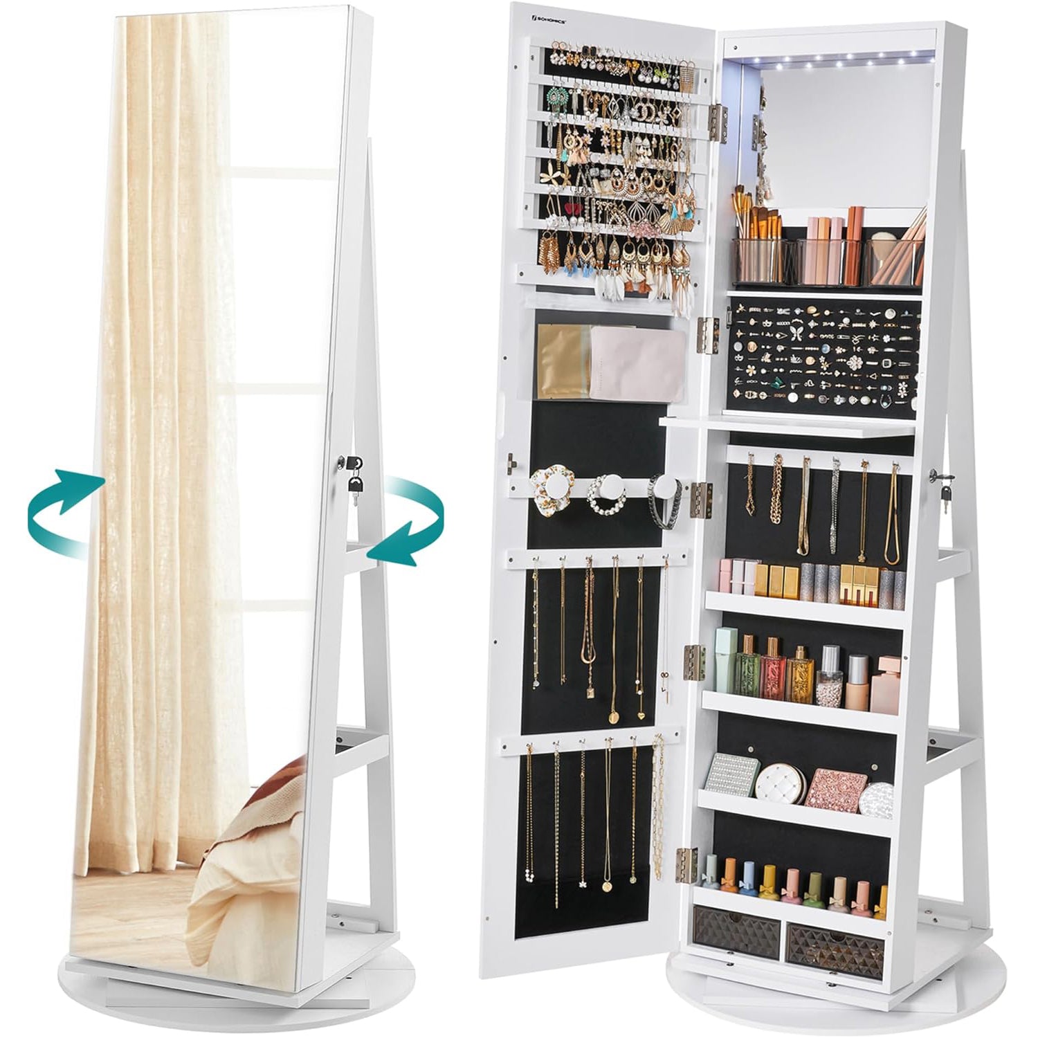 SONGMICS Oglinda de podea cu suport rotativ la 360°, cu spatiu de depozitare, 55x55x162 cm, alb cenusiu
