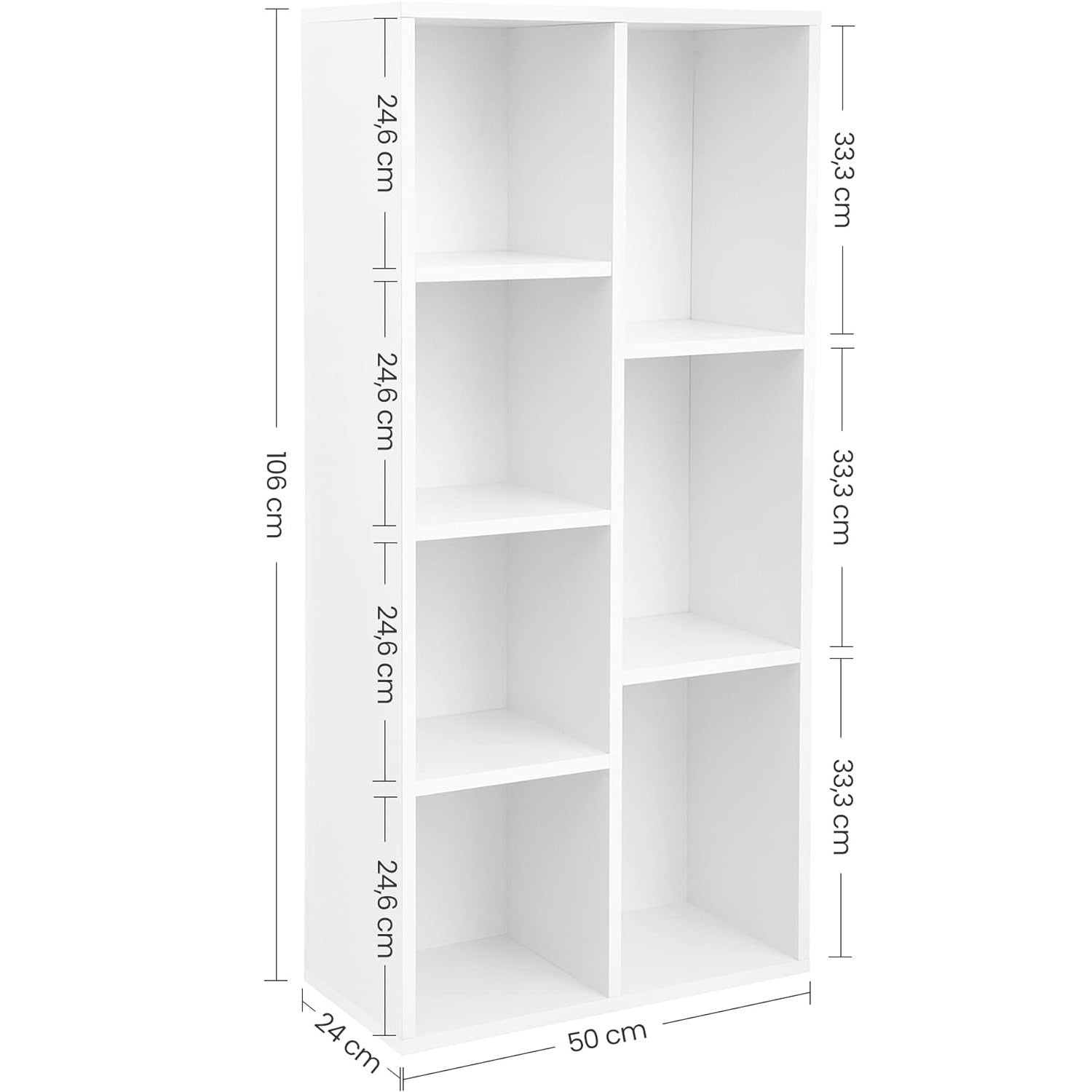VASAGLE Biblioteca cu 7 compartimente deschise, MDF, 50x24x106cm, alb