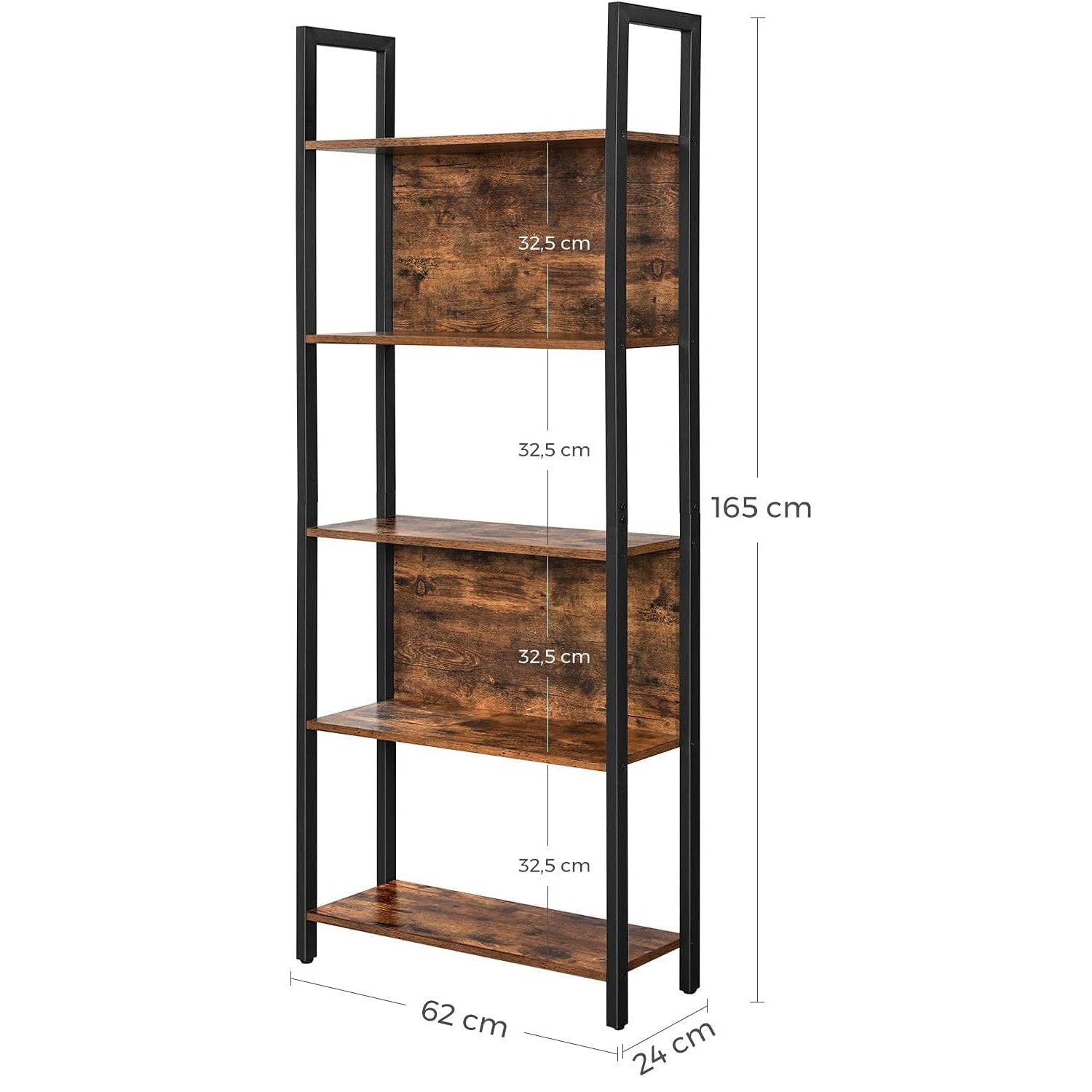 VASAGLE Biblioteca cu 5 rafturi de depozitare, cadru otel, stil industrial, 62x24x165cm, maro rustic si negru