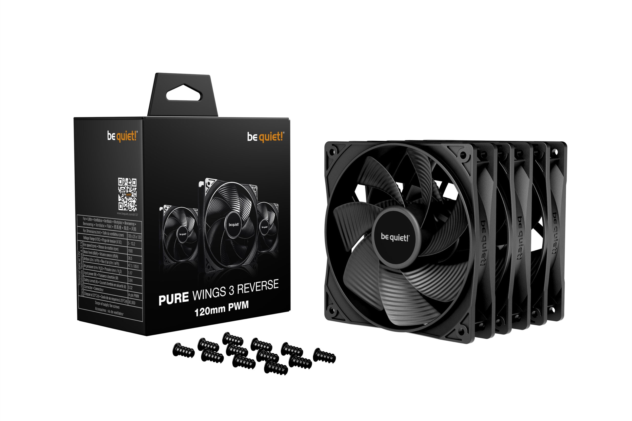 Set 3 ventilatoare be quiet "PURE WINGS 3 reverse", 120mm, 1500 RPM max, Rifle Bearing, 80 cfm, 4pin PWM, negru, "BL137" -