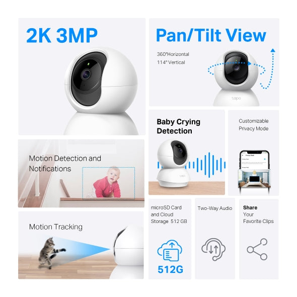 CAMERA IP TP-LINK, include 2 bucati Tapo C210", wireless, cube, pt. interior, dist. IR 9 m, tip lentila fixa 4 mm, 3 Mpx, microfon, carcasa plastic, slot SD card, "Tapo C210P2"