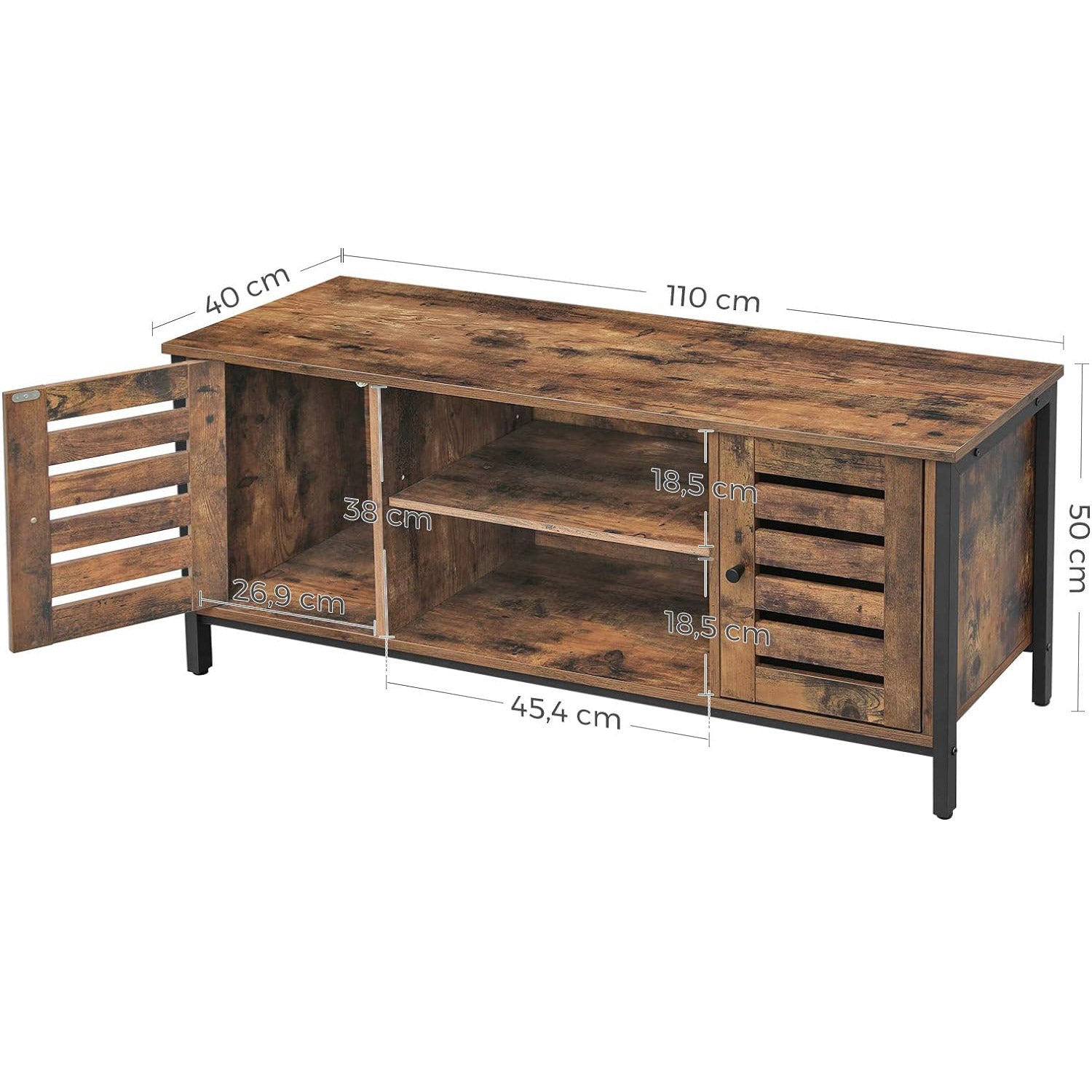 Comoda joasa pentru suport TV, cu rafturi si 2 spatii de depozitare cu usa, stil industrial, 110x40x50cm, maro rustic si negru
