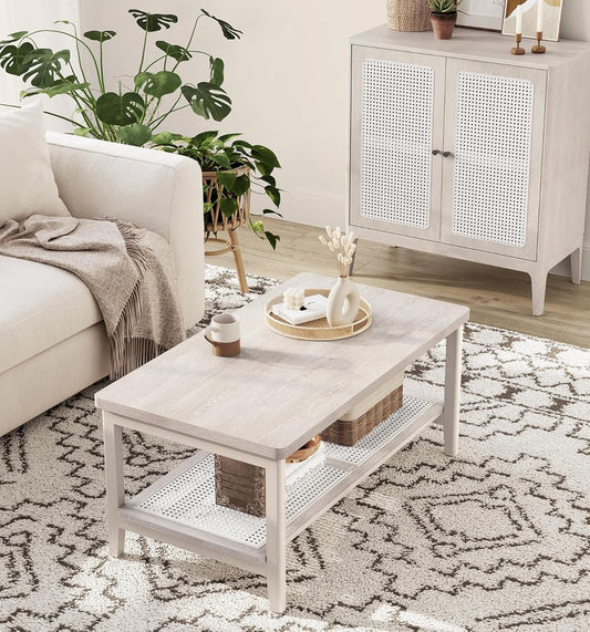 VASAGLE Masuta de cafea, din MDF, cu spatiu de depozitare pe 2 nivele, 55x100x45 cm, stil boho, bej - 2