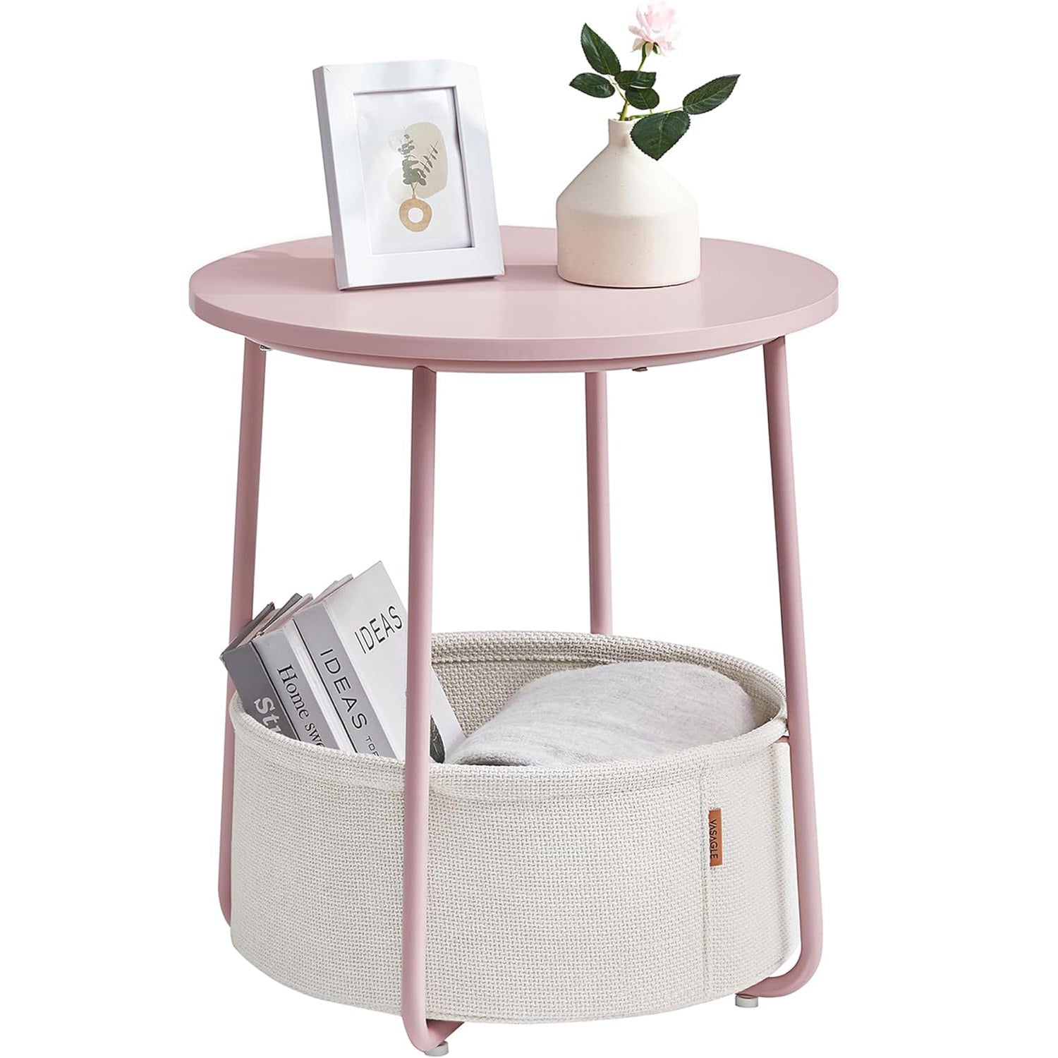 VASAGLE Masuta de cafea rotunda cu cos de stofa, stil modern, 45x50cm, roz cu bej