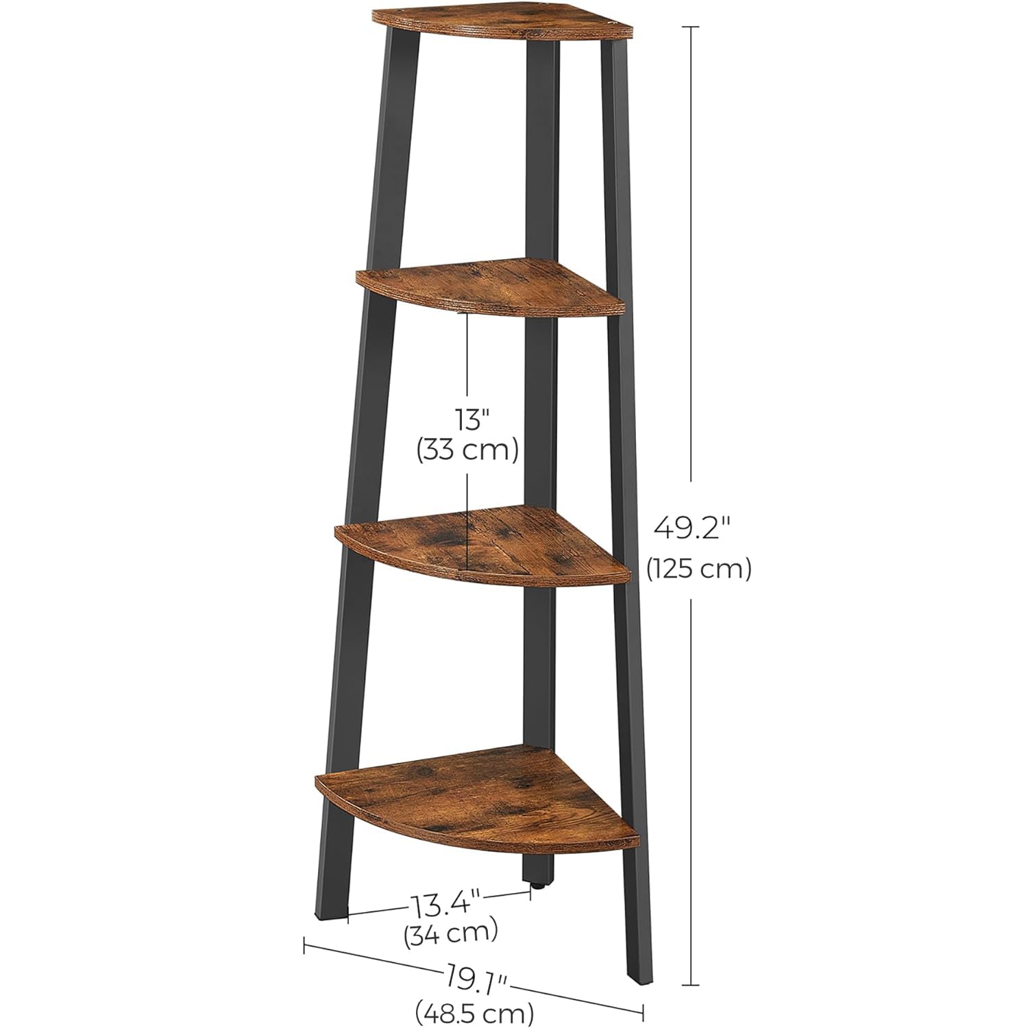VASAGLE Raft de colt cu 4 etaje, tip biblioteca, cadru metal si polite lemn, industrial, 34x34x125cm, maro rustic - 8