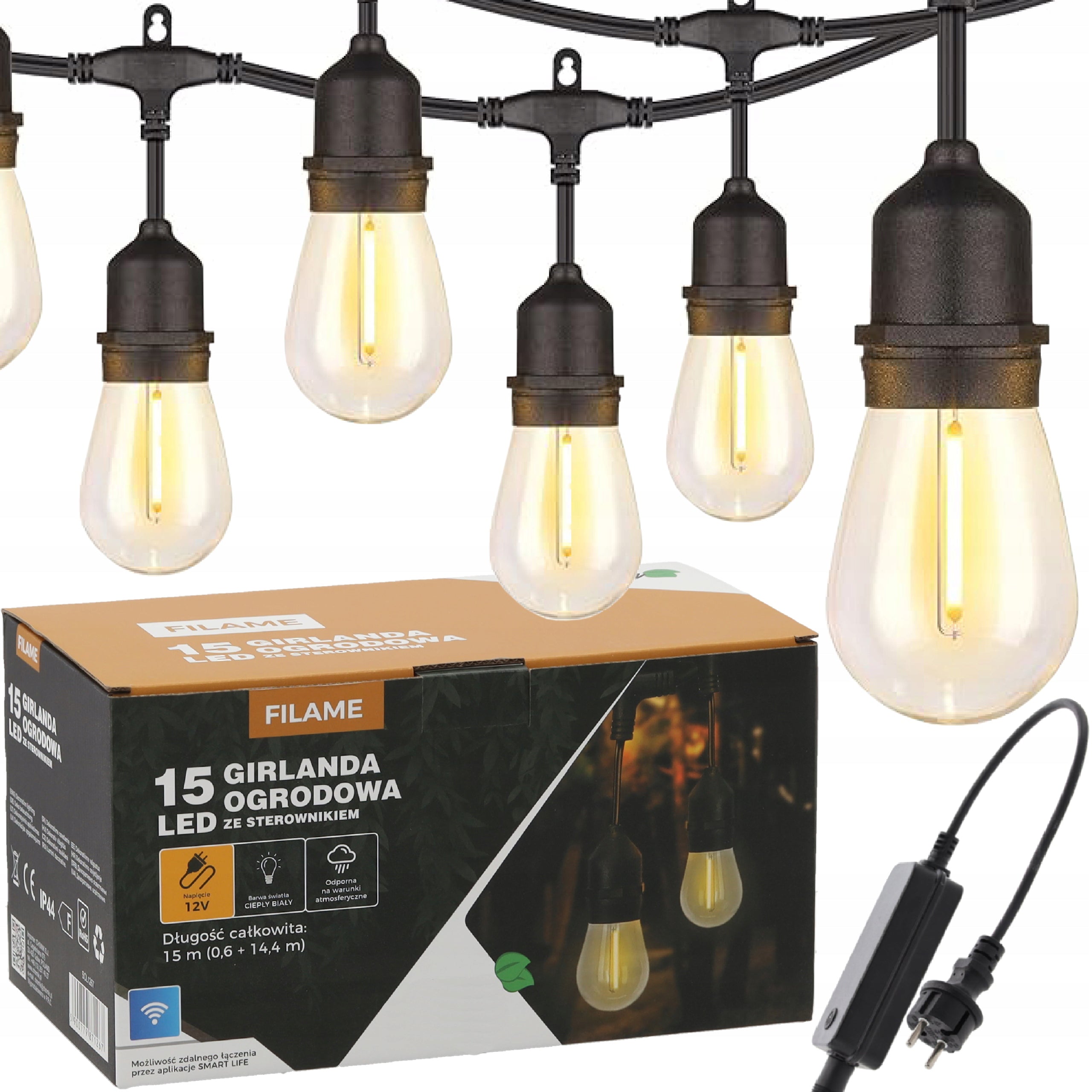 Ghirlanda luminoasa decorativa pentru exterior, alimentare la priza, 15 metri, 15 becuri LED cu iluminare calda 3000K, IP44, controler prin aplicatie