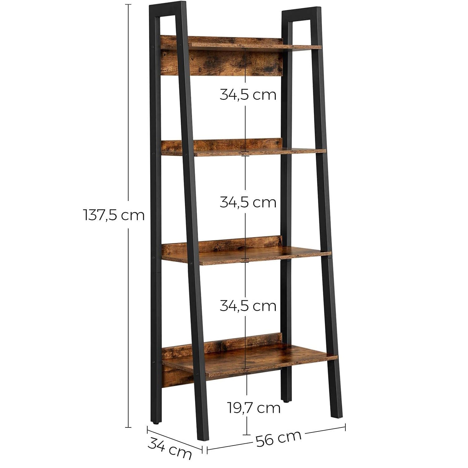 Biblioteca tip scara, cadru otel cu 4 polite din MDF, stil industrial, 56x34x138cm, maro rustic si negru