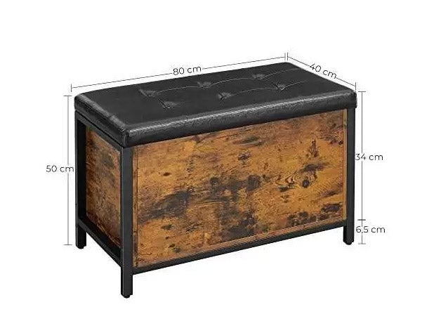 VASAGLE Banca cu lada de depozitare, perna captusita, piele sintetica neagra, 40x80x50cm, maro rustic