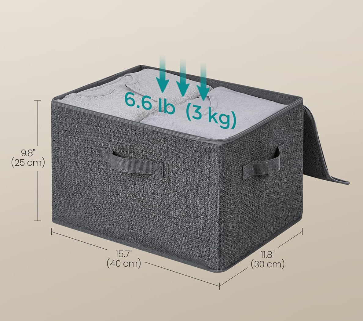 SONGMICS Set 3 cutii de depozitare pliabile, organizatoare pentru dulap, textil, 40x30x25 cm, gri