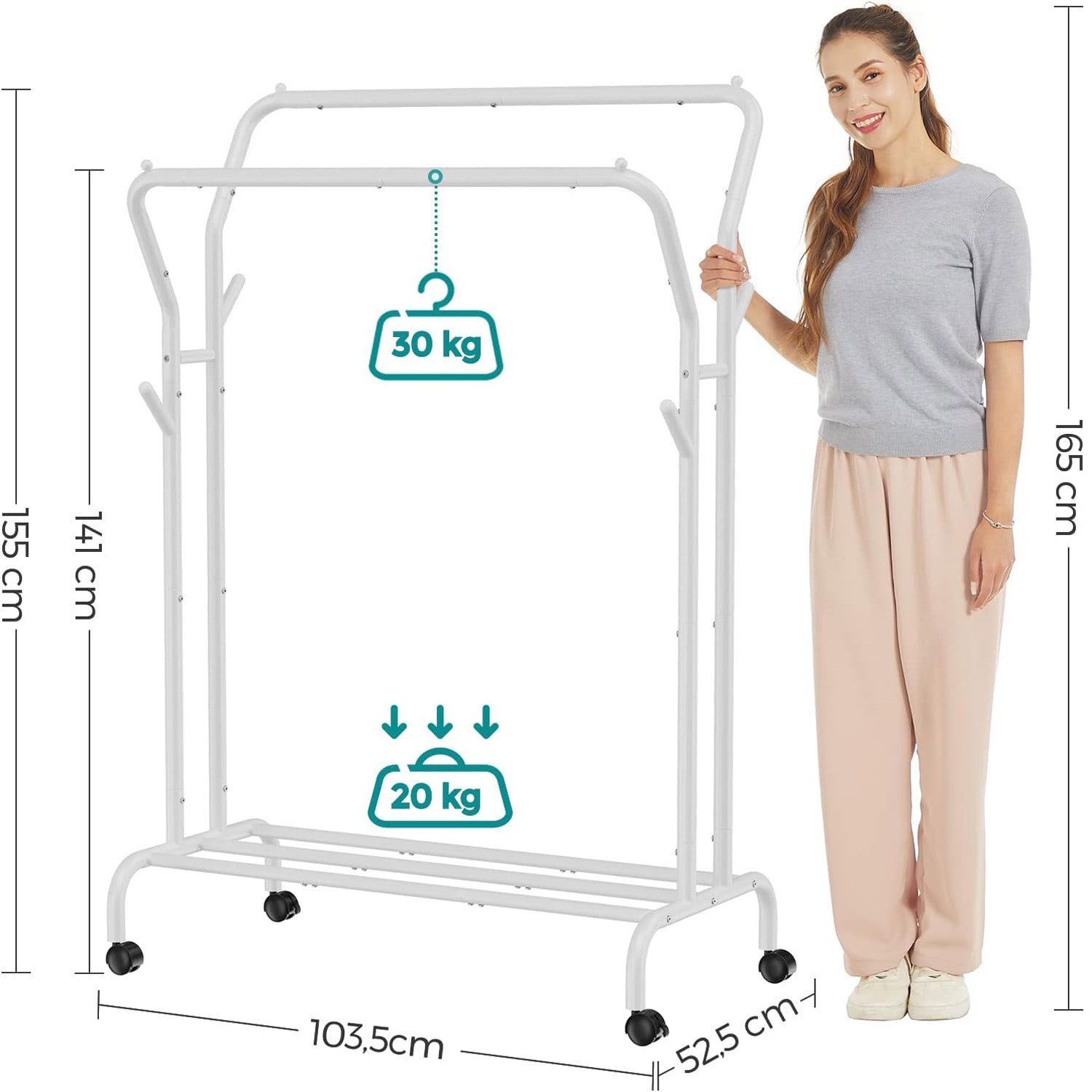 SONGMICS Suport pentru haine pe roti, cu polita, sina dubla, cadru metalic, sarcina 100kg, 53x104x155cm, alb