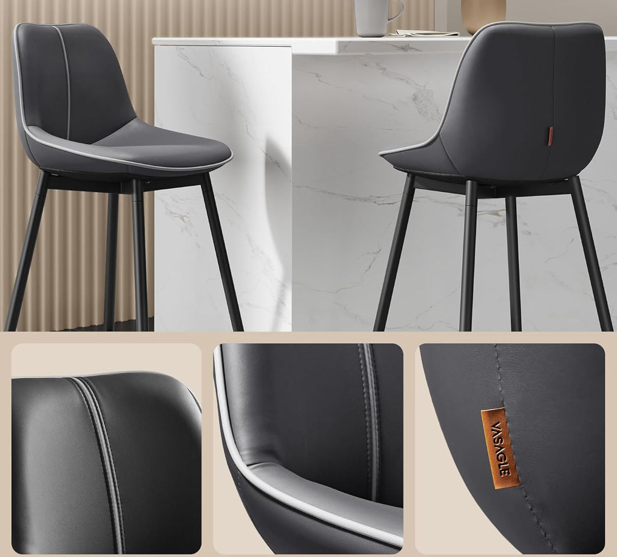 VASAGLE Set 2 scaune de bar, spatar ergonomic din piele ecologica, cadru metalic, 50x50x99 cm, negru