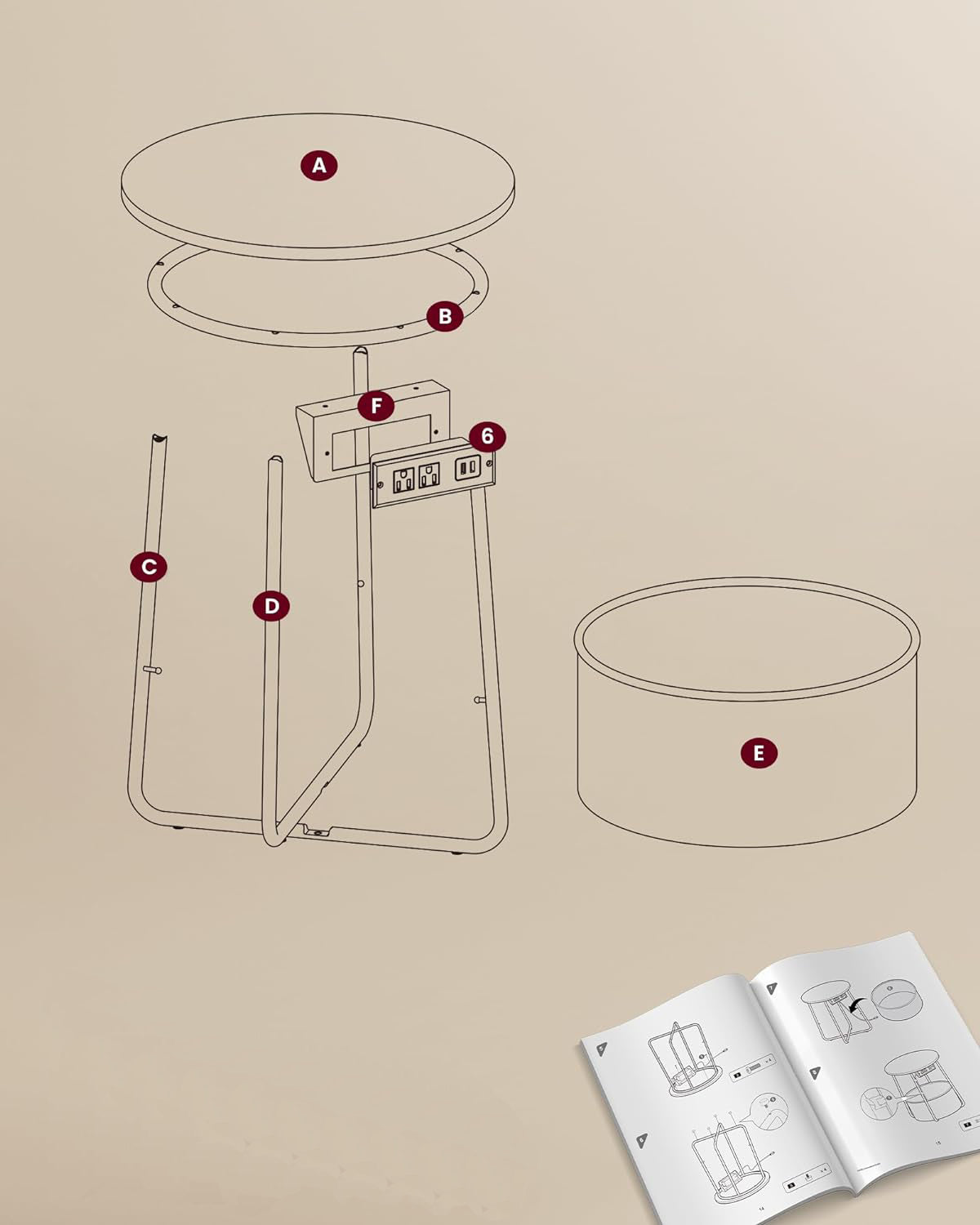 VASAGLE Masuta de cafea rotunda cu cos de stofa, statie de incarcare 2 prize si 2 USB, 45x50cm, alb