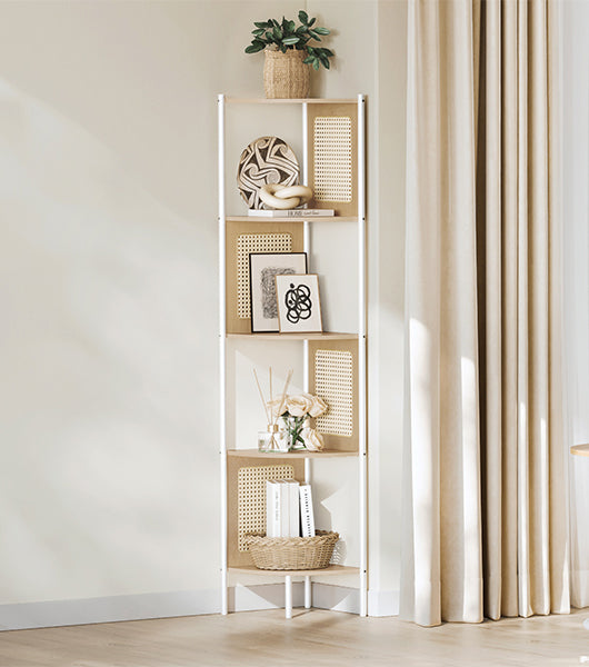 VASAGLE Raft de colt boho, cadru metalic, polite MDF si panouri poliratan, 32x32x156cm, bej - 7