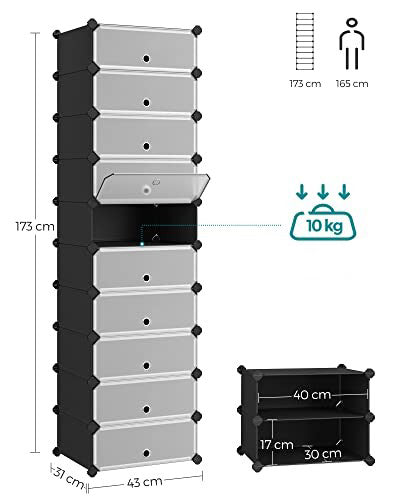 SONGMICS Dulap de depozitare pantofi modular, configurabil cu 10 compartimente, 43x31x173 cm, negru - 8