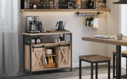 VASAGLE Comoda pentru living sau bucatarie, cu 2 usi glisante, rafturi reglabile, stil rustic, 33x100x80 cm, maro - 2