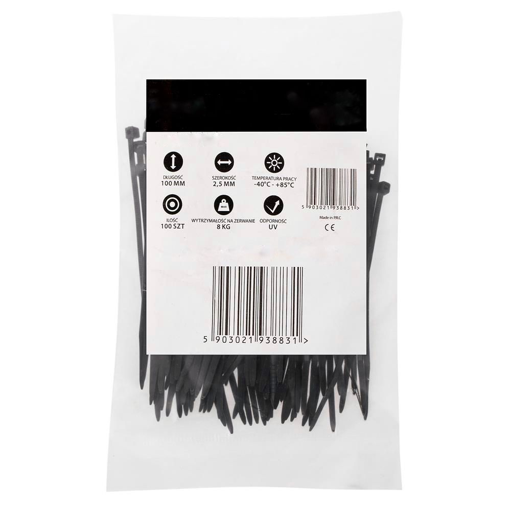 Set 100 bride zimtate din nailon, 2.5x100mm, cu autoblocare, tip colier, pentru fixare si legare, negre