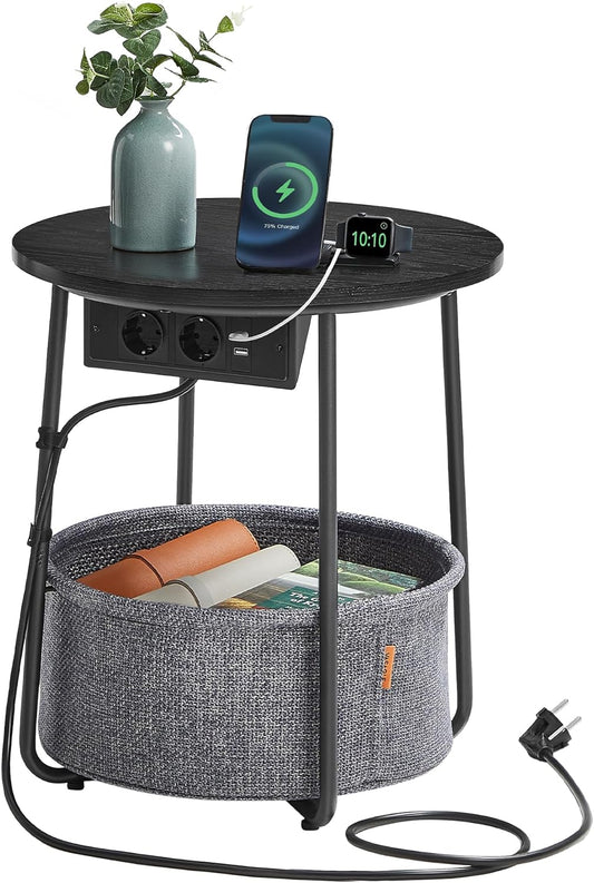 VASAGLE Masuta de cafea rotunda cu cos de stofa, statie de incarcare 2 prize si 2 USB, 45x50cm, negru - 2