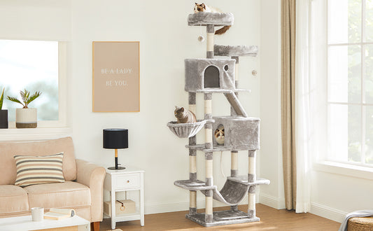 FEANDREA Ansamblu de joaca pentru pisici, tip copac, XXL, 13 stalpi de zgariat, 2 ascunzatori, 60x50x206cm, gri - 2