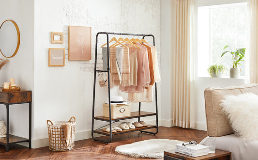 VASAGLE Raft pentru haine cu suport pentru pantofi, 2 polite, 6 carlige laterale, 45x100x160cm, maro rustic - 2