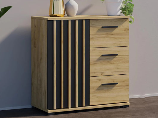 Comoda Montana 80 cu 3 sertare si 1 usa, 81x37x80 cm, negru si stejar craft - 2