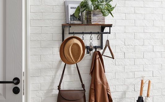 VASAGLE Cuier perete cu 8 carlige si polita, 40x24x24 cm, maro rustic si negru - 2