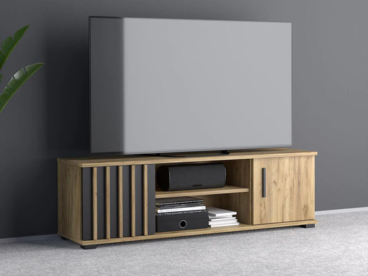 Comoda TV moderna 140x37 cm cu 2 usi si rafturi, finisaj craft cu negru - 2