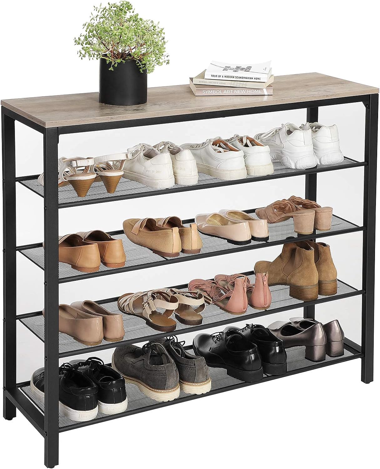VASAGLE Raft de pantofi metalic, cu 4 nivele plus polita superioara, stil industrial, 100x30x93cm, gri si negru