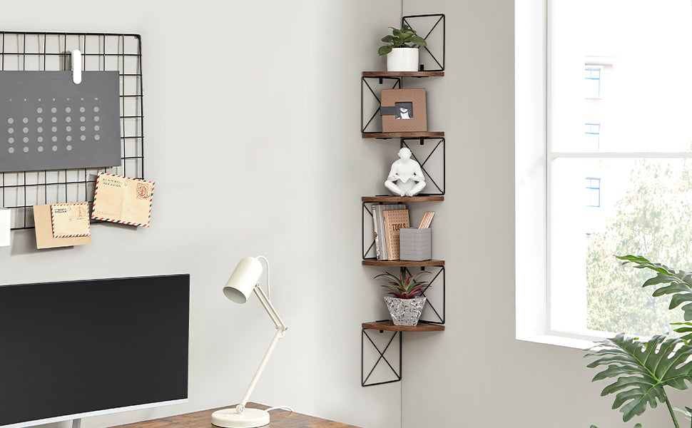 Raft de perete pentru colt, cadru otel cu 5 etaje din MDF, 20x20x128cm, maro rustic si negru