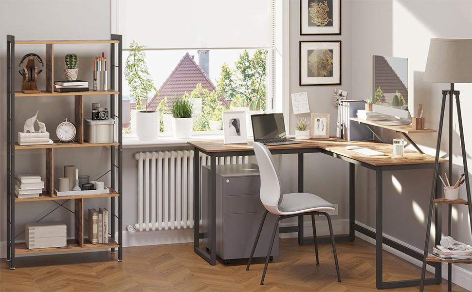 VASAGLE Birou in forma de L cu suport pentru monitor, cadru metalic, 140x130x76cm, maro rustic