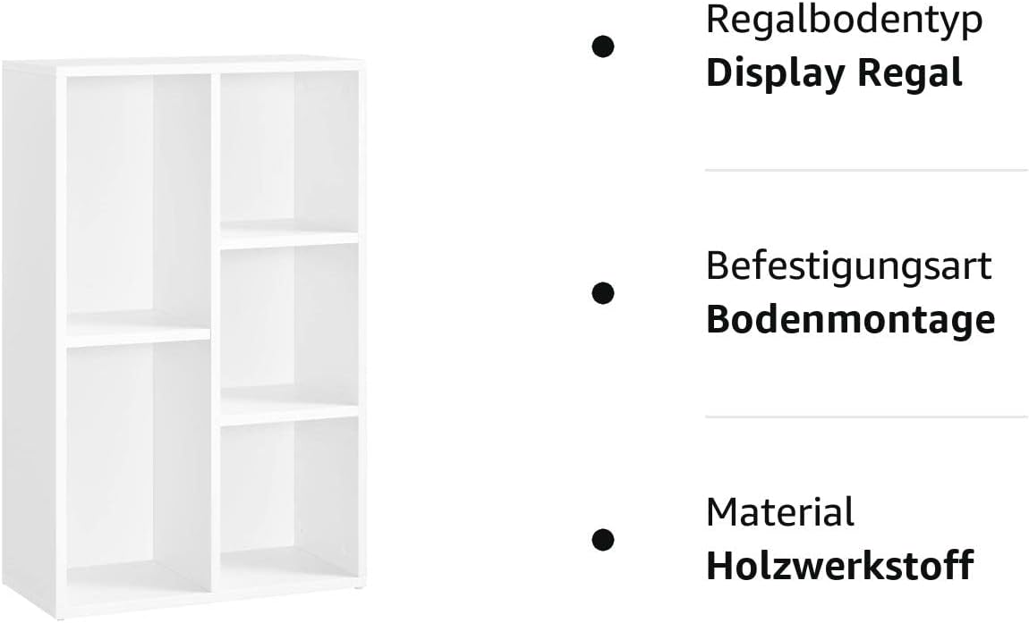 VASAGLE Biblioteca, raft cu 5 unitati de depozitare, pentru living, din lemn, 50x24x80cm, alb