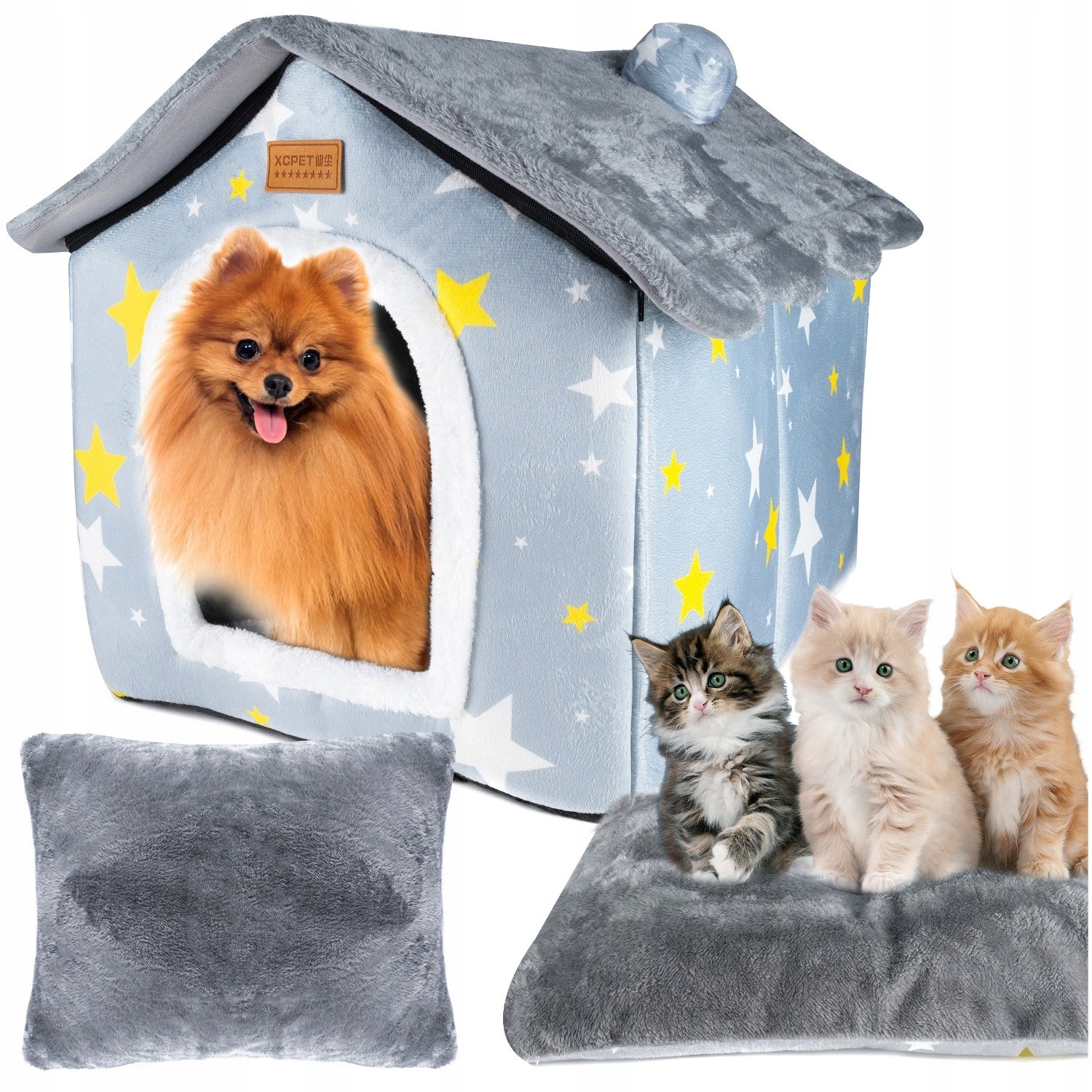 Cusca pentru pisici sau caini de talie mica, pentru interior, din catifea si bumbac, perna inclusa, 52x43x50cm