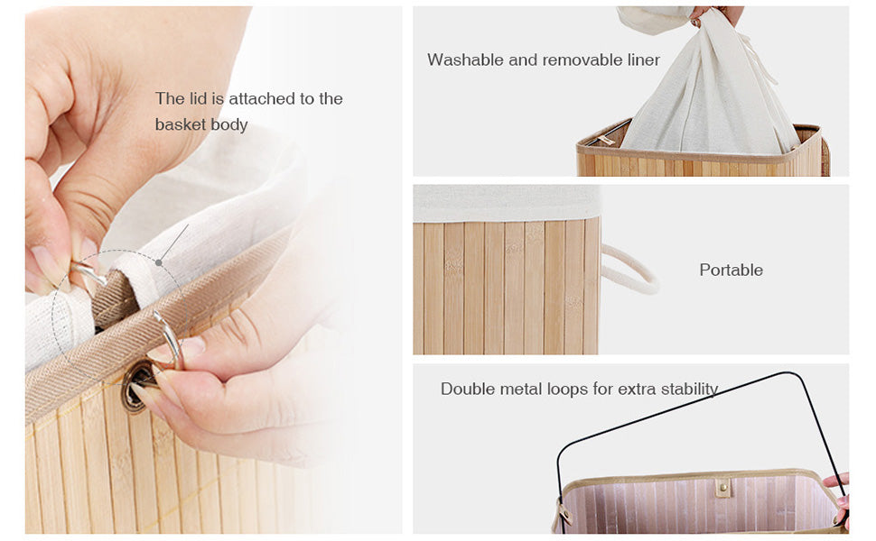 SONGMICS Cos de rufe din bambus, pliabil, cu captuseala detasabila lavabila, 72L, 40x30x60cm, natural