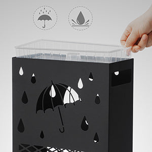 SONGMICS Suport metalic pentru umbrele, cu carlige si tava de picurare, 28x12x41cm, negru