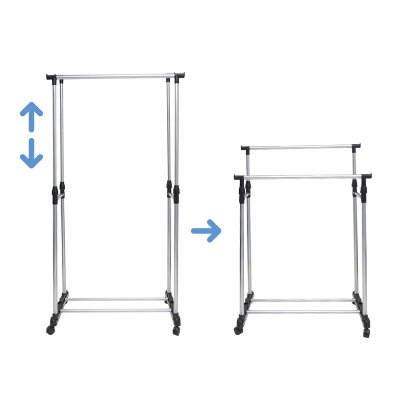 Suport pentru haine pe roti, sina dubla, cadru metalic, 160x76x35cm, argintiu
