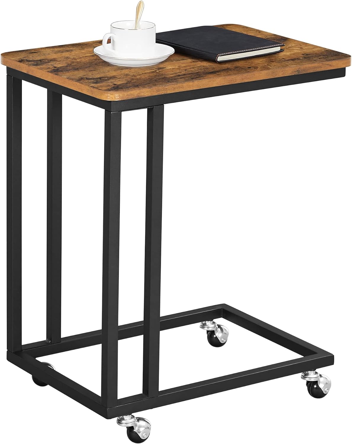 VASAGLE Masuta de cafea, cu cadru de otel si roti, 35x50x60cm, industrial, maro rustic si negru