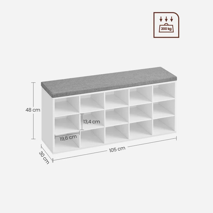 VASAGLE Banca pentru hol cu suport pentru pantofi, 15 compartimente, cu perna, 30x105x48cm, alb