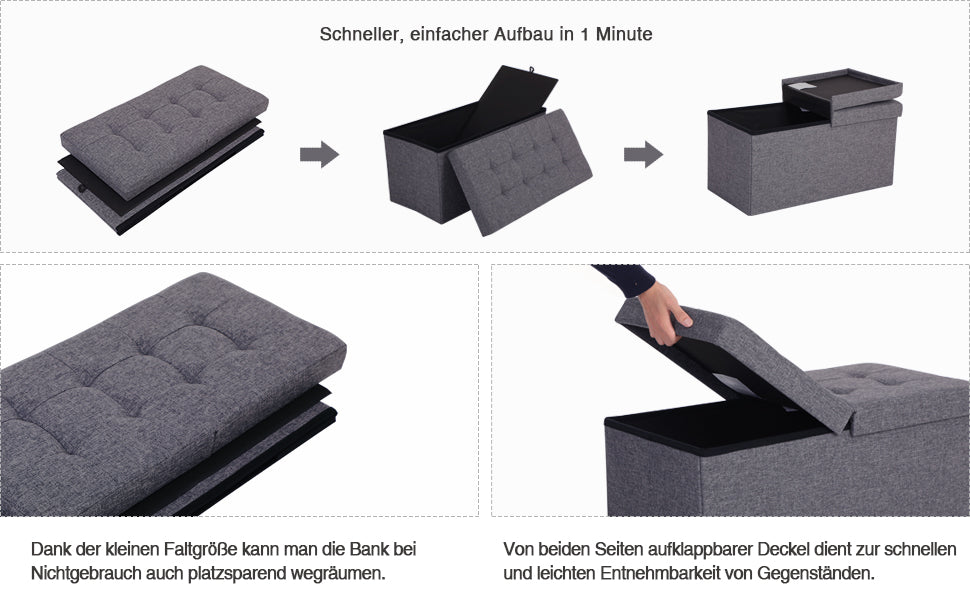 SONGMICS Taburet pliabil cu sezut moale, spatiu de depozitare 80litri, maxim 300kg, 76x38x38cm, gri