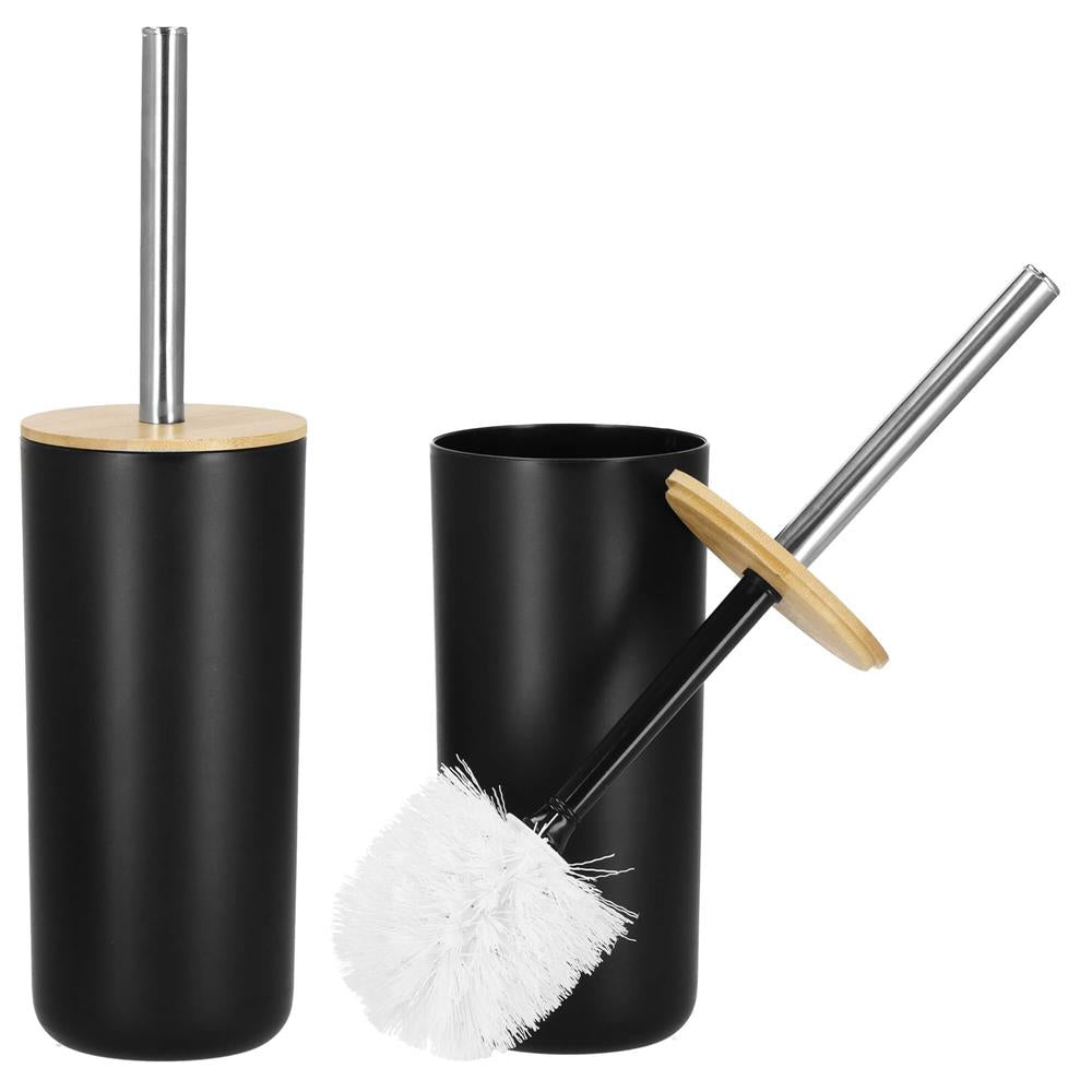 Set de accesorii rotunde pentru baie din plastic cu elemente bambus, 6 piese, negru