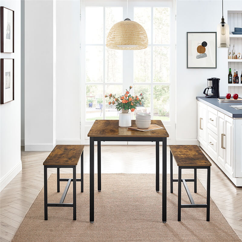 VASAGLE Masa de bar cu 2 banci, design industrial, 110x70x75 cm, maro rustic