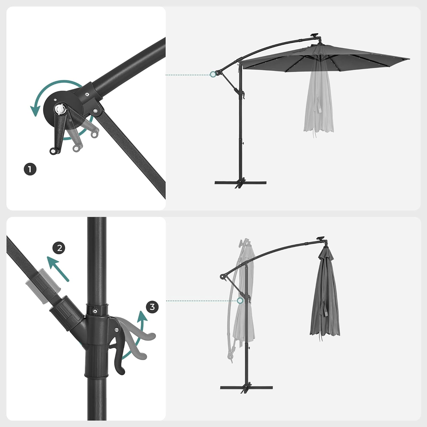 SONGMICS Umbrela de gradina cu brat lateral banana, 300cm, cu iluminare LED solara, gri